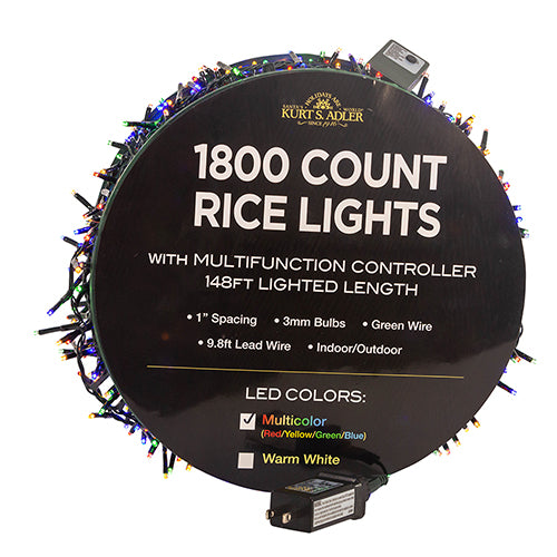 Kurt S Adler, 3mm LED Rice Light Green Wire Multi Color 1,800 Light Set 148"