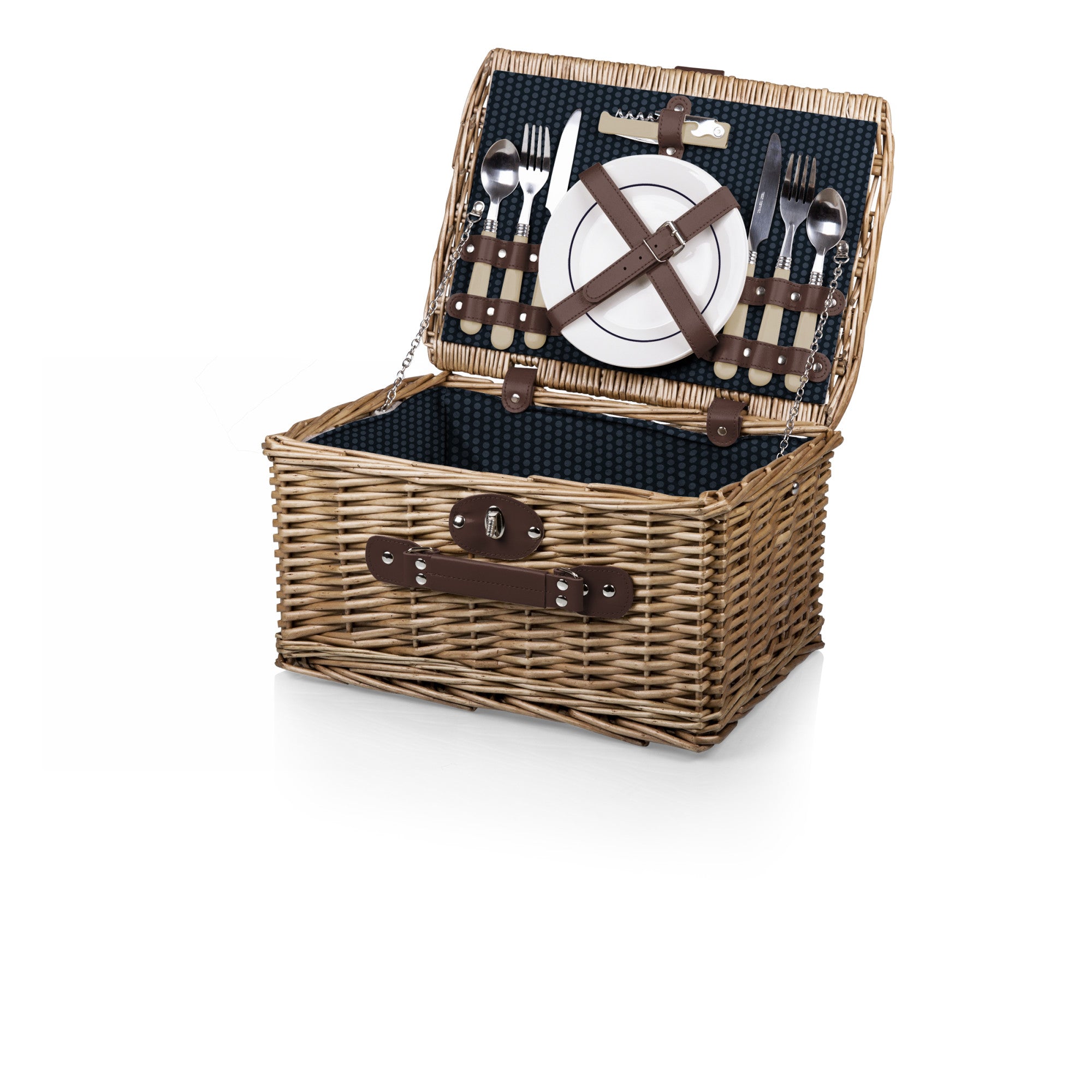 PicnicTime, Catalina Dahlia Collection Navy Blue with Beige Pattern Picnic Basket