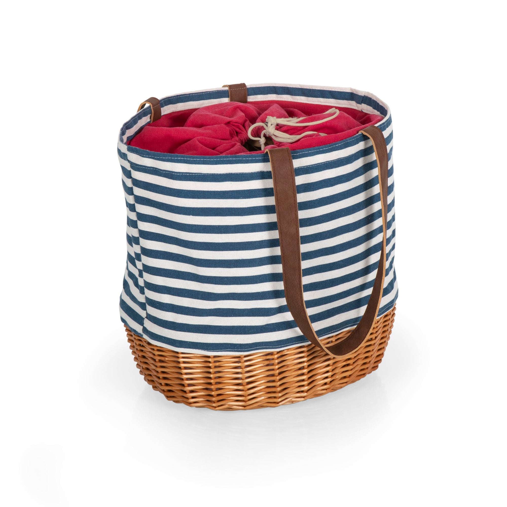 PicnicTime, Coronado Blue and White Stripe Canvas & Willow Basket Tote