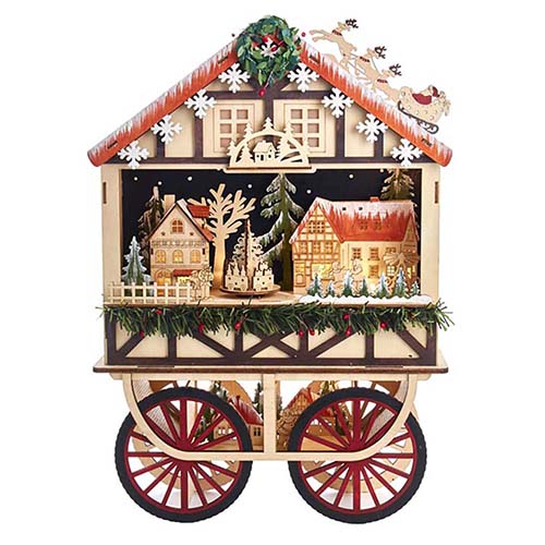 Kurt S Adler, Light-Up LED Musical Wooden Wagon Christmas Village Scene 18.875"