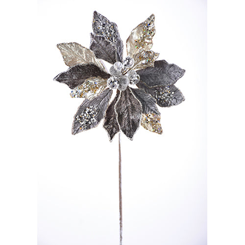 Designer's Excellence, Nickel Jeweled Glittered Poinsettia Stem 18"