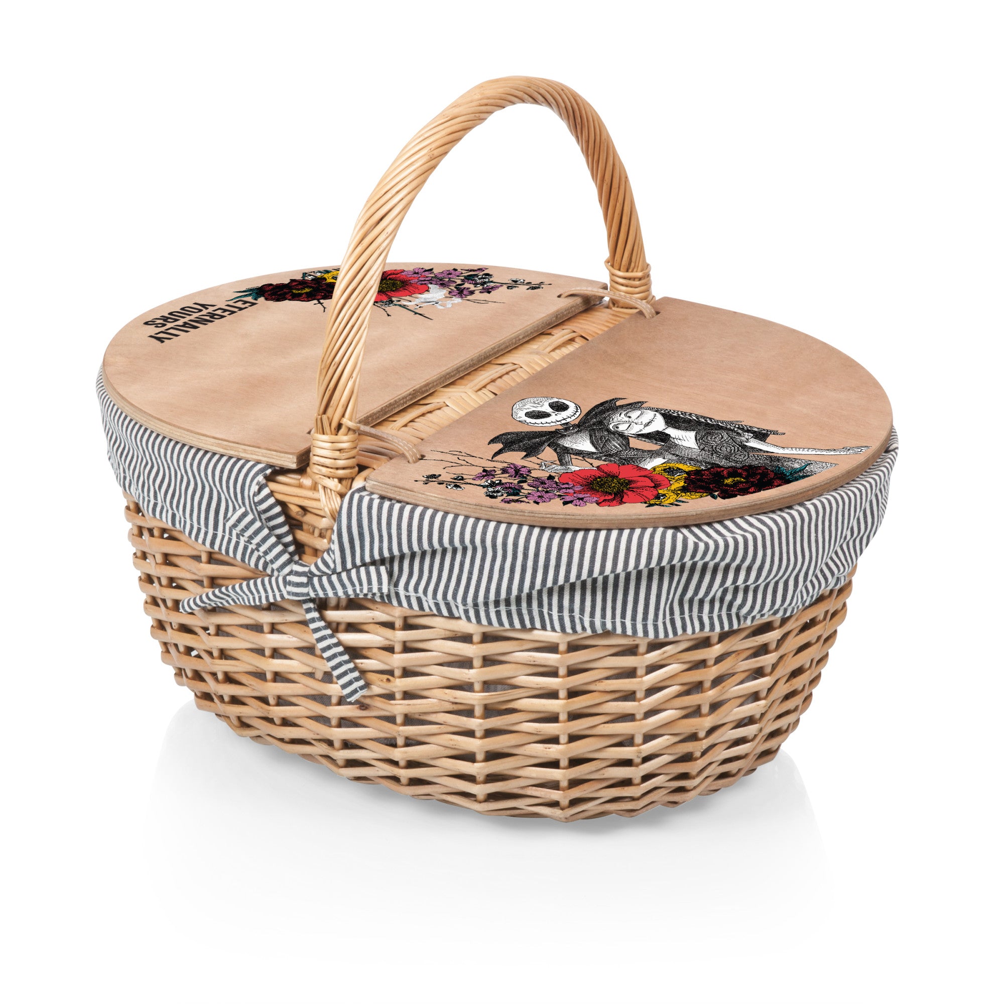 PicnicTime, Nightmare Before Christmas Jack & Sally Navy Blue & White Stripe Country Picnic Basket