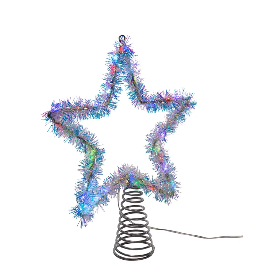 Kurt S Adler, Red, Green & Blue Multi Color LED Silver Tinsel Star Tree Topper 55 Light