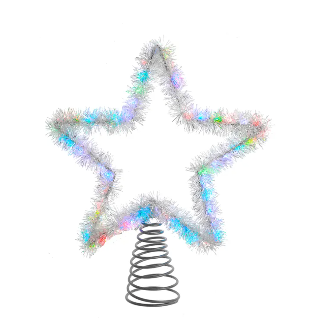 Kurt S Adler, Red, Green & Blue Multi Color LED Silver Tinsel Star Tree Topper 55 Light