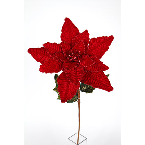 Designer's Excellence, Ruby Red Velvet Poinsettia Stem 29"