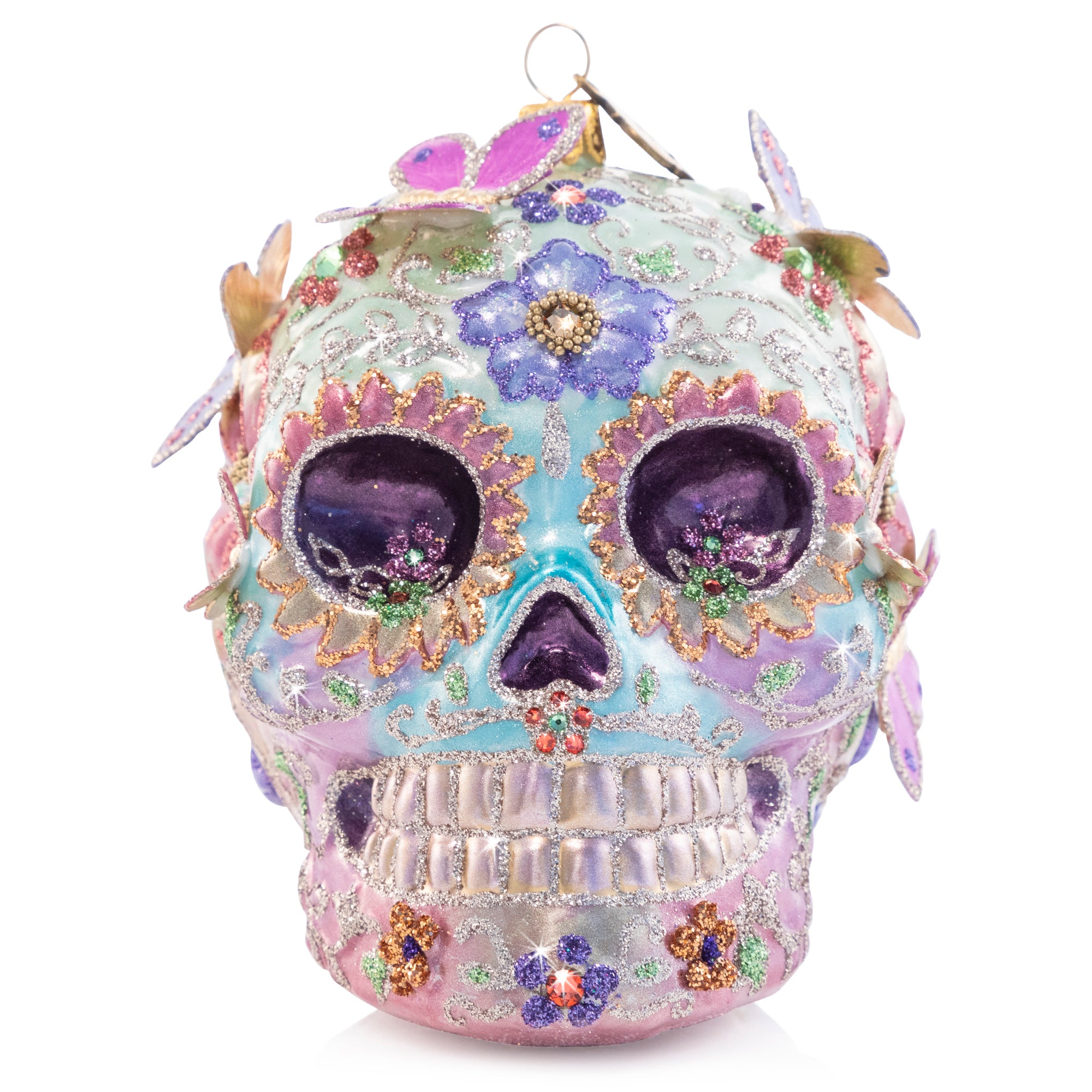 Jay Strongwater, Skull With Butterflies Glass Ornament